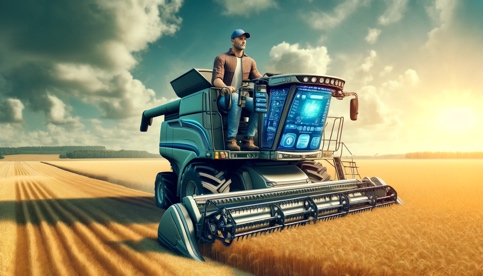 A digital artwork of a farmer driving a modern, computerized combine harvester through a field of golden wheat. The farmer is a middle-aged Caucasian male, wearing a plaid shirt, denim jeans, and a baseball cap. The combine harvester is large and futuristic, featuring digital displays and automated controls. The background shows a vast, sunny field under a clear blue sky, emphasizing the blend of traditional farming and advanced technology.