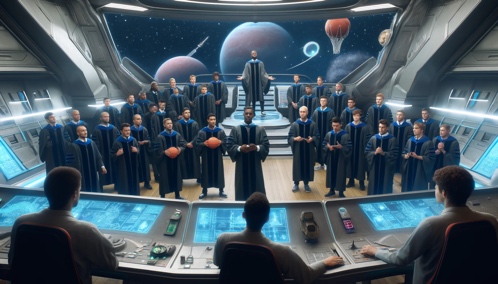 A futuristic scene depicting a team of professors, wearing academic robes and holding pointers, lecturing a group of professional athletes in sports uniforms aboard the bridge of an intergalactic spaceship. The bridge features high-tech controls, large viewports showing stars, and holographic displays. The professors are diverse in ethnicity, with some male and female members, and the athletes represent a variety of sports like basketball, football, and soccer. The interior is sleek, with metallic surfaces and ambient lighting.