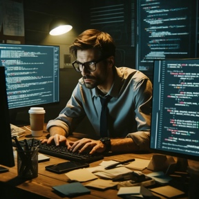 A scene depicting a programmer working intensely at a desk cluttered with multiple computer monitors, showing lines of code. The programmer, a middle-aged Caucasian male with short brown hair and glasses, appears focused and slightly frustrated. He is surrounded by notes, coffee cups, and some tech gadgets. The room has a dim light, emphasizing a late-night coding session. The overall mood is one of concentration and slight urgency, typical of debugging a challenging software issue.